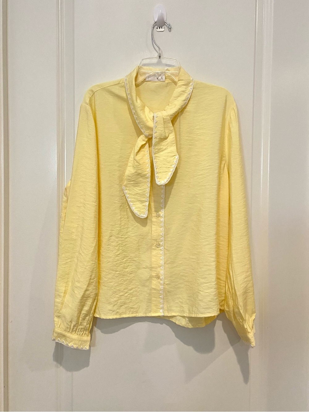 New Boho Butter Pale Yellow Bow Tie-Neck Blouse